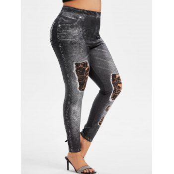 

Plus Size 3D Destroyed Jean Print Skinny Jeggings, Black