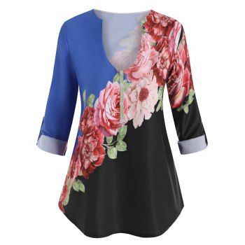 

Plus Size Flower Print Notched Contrast Blouse, Blue