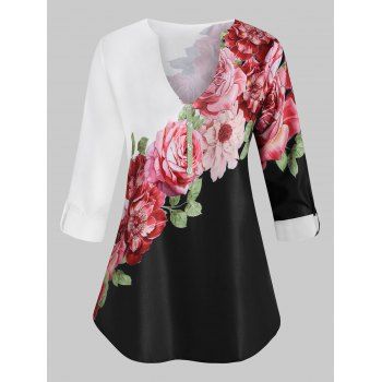 

Plus Size Flower Print Notched Contrast Blouse, White