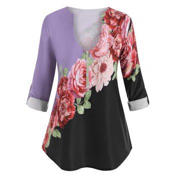 

Plus Size Flower Print Notched Contrast Blouse, Light purple