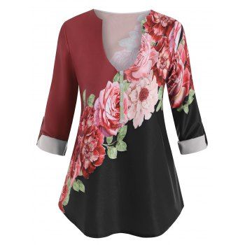 

Plus Size Flower Print Notched Contrast Blouse, Deep red