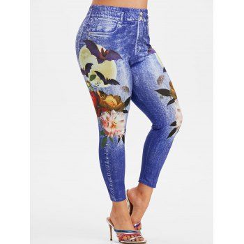 

Plus Size Floral 3D Jean Print Ninth Jeggings, Light blue