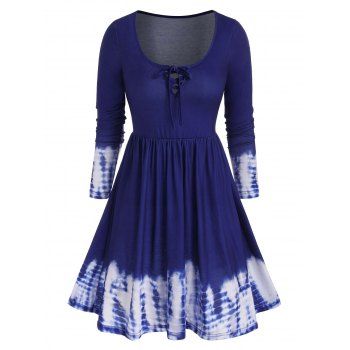 

Tie Dye Lattice Tie Long Sleeve Tee Dress, Blue