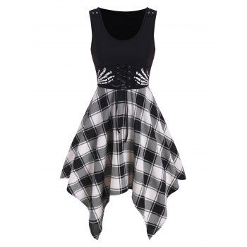 

Plaid A Line Corset Dress Skeleton Hand Print Lace Up Asymmetrical Handkerchief Dress, Black