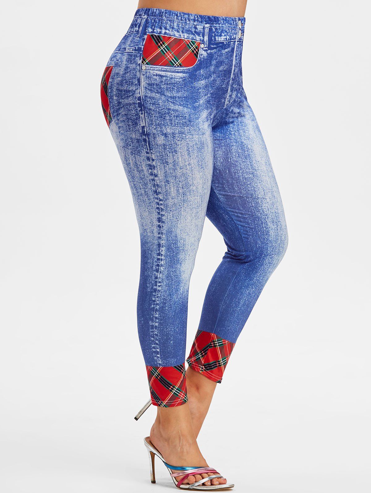 Legging 3D Jean Imprimé à Carreaux de Grande Taille - Bleu clair 5X