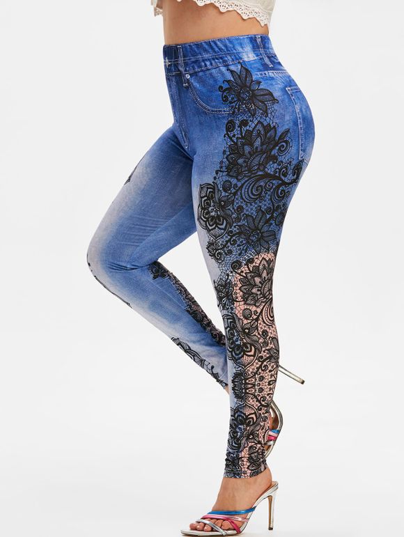 Legging Maigre Motif de 3D Fleur de Grande Taille à Taille Haute - Bleu 5X