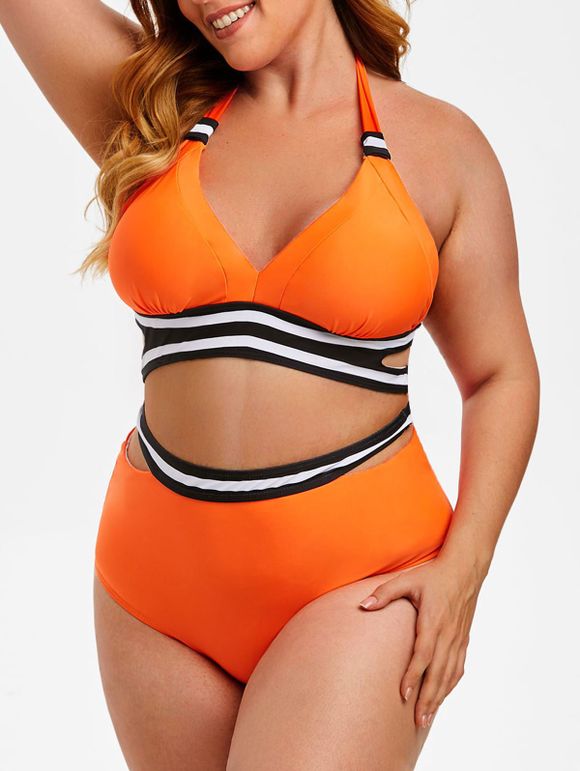 Maillot de Bain Bikini Découpé Rayé Grande-Taille à Col Halter - Orange XL