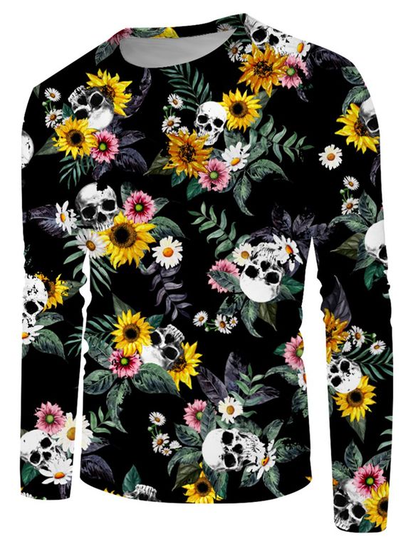 T-shirt Décontracté Crâne Fleur Marguerite Imprimée à Col Rond - multicolor XL