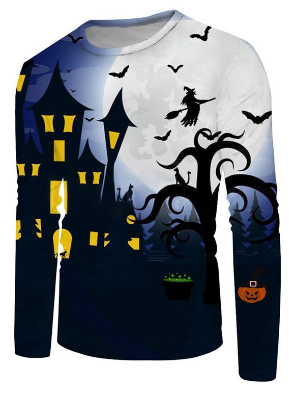 T-shirt d'Halloween Imprimé Sorcière Chauve-souris Manches Longues à Col Rond - multicolor XL