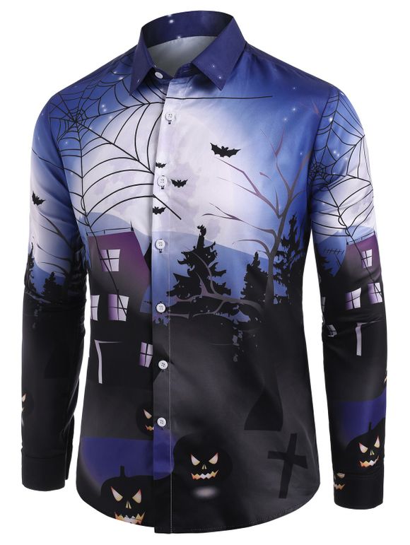 Chemise d'Halloween Boutonnée Chauve-souris Imprimé à Manches Longues - multicolor 2XL
