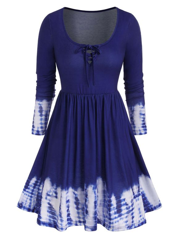 Tie Dye Lattice Tie Long Sleeve Tee Dress - BLUE M