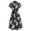 Floral Print Belted Shirt Dress - DARK SLATE BLUE M