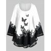 T-shirt Papillon Imprimé de Grande Taille Ourlet en Dentelle - Blanc Lait 5X