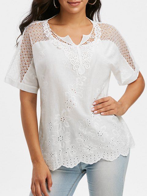 Blouse en Dentelle Insérée en Couleur Unie au Crochet à Col Cranté