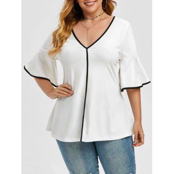 

Plus Size Bell Sleeve Contrast Trim Blouse, White