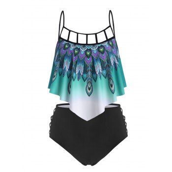 

Plus Size Feather Print Cutout Crisscross Tankini Swimwear, Black