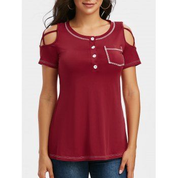 

Quarter Button Cold Shoulder Stitching T-shirt, Red wine