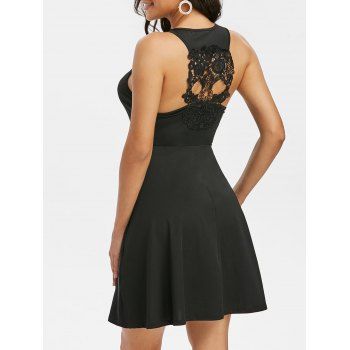 

Plain V Notched Lace Insert Sleeveless A Line Dress, Black