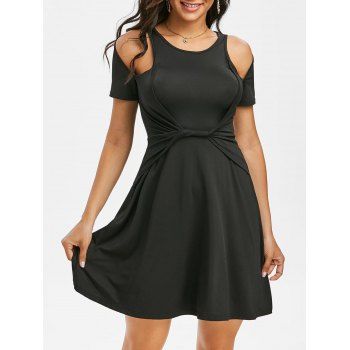 

Plain Cold Shoulder Twist Waist A Line Dress, Black