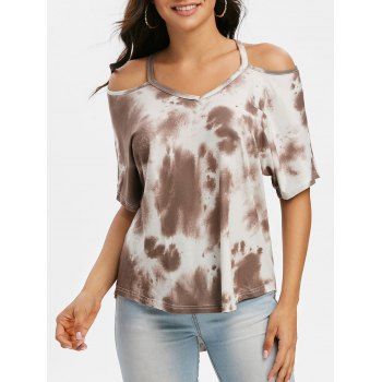 

Tie Dye Cold Shoulder High Low T-shirt, Light coffee