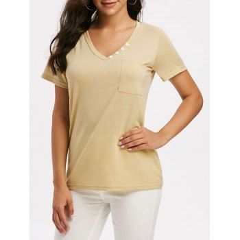

Pure Color V Neck Button Pocket T Shirt, Deep yellow