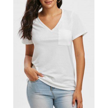 

Pure Color V Neck Button Pocket T Shirt, White