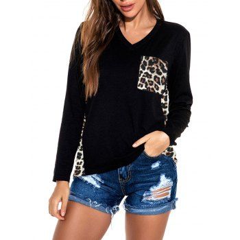 

Front Pocket Leopard Panel Long Sleeve Top, Black