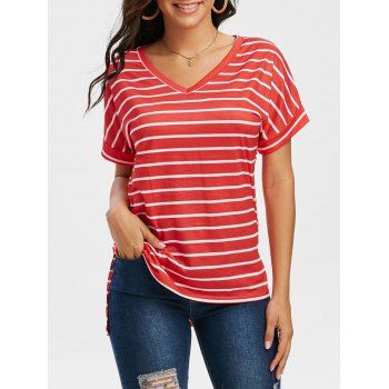 

V Neck Striped Side Slit T Shirt, Red