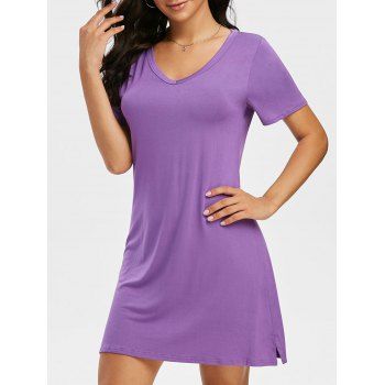 

Pure Color V Neck Side Slit Straight Dress, Purple