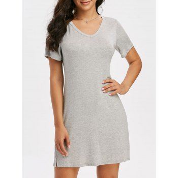 

Pure Color V Neck Side Slit Straight Dress, Gray