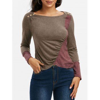 

Ruched Contrast Color Asymmetrical Long Sleeve T Shirt, Coffee