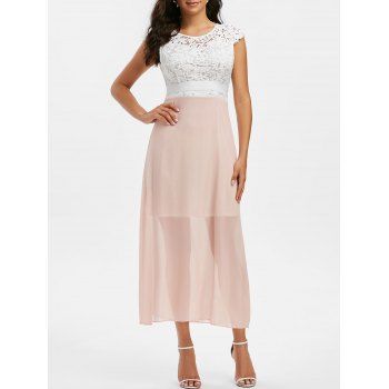 

Lace Crochet Chiffon Open Back Prom Dress, Light pink