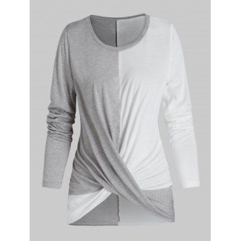 

Twist Front Long Sleeve Contrast T-shirt, Ash gray