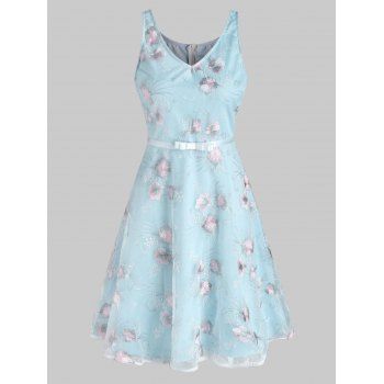 

Lace Flower Embroidery Ribbon Belted A Line Dress, Light blue