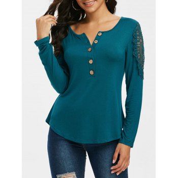 

Guipure Insert Curved Hem Henley T-shirt, Green