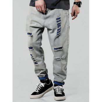 

Contrast Ripped Casual Denim Pants, Blue