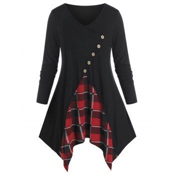 

Plus Size Handkerchief Plaid Buttoned Long Sleeve Tee, Black