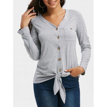 

V Neck Pocket Roll Tab Sleeve Knotted Hem T Shirt, Light gray