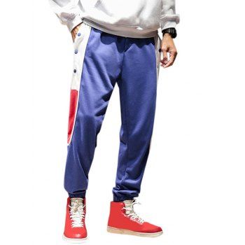 

Colorblock Button Casual Beam Feet Pants, Blue