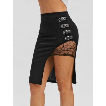 

Lace Insert Buckled Asymmetrical Sheath Skirt, Black