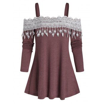 

Open Shoulder Tassel Lace Insert Longline T Shirt, Deep red
