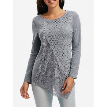 

Lace Insert Crochet Asymmetrical Long Sleeve T Shirt, Gray