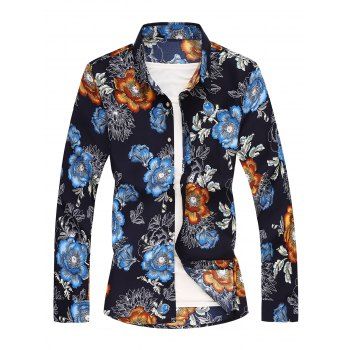 

Long Sleeves Flower Printed Shirt, Blue