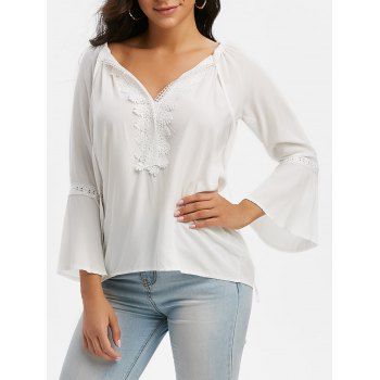 

Tie Collar Lace Insert Bell Sleeve Blouse, White