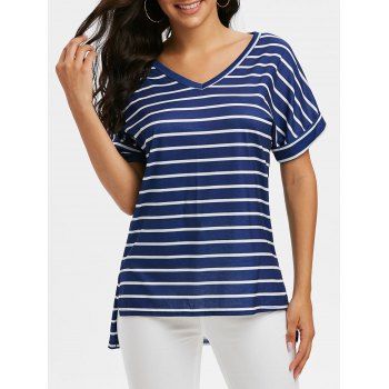 

V Neck Striped Side Slit T Shirt, Deep blue