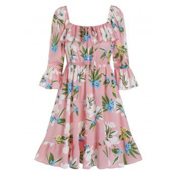 

Tie Collar Floral Ruffles Milkmaid Dress, Pink