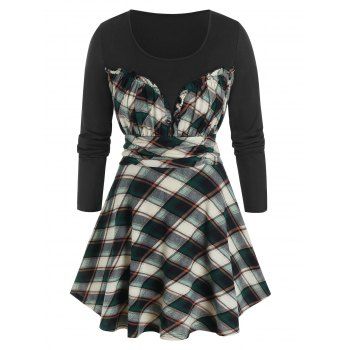 

Plus Size Plaid Ruched Long Sleeve Tunic Tee, Deep green