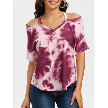

Tie Dye Cold Shoulder High Low T-shirt, Deep red