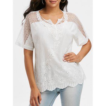 

Pure Color Notched Collar Crochet Lace Insert Blouse, White