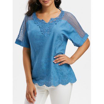 

Pure Color Notched Collar Crochet Lace Insert Blouse, Blue